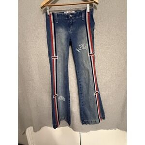 Y2K Swayze Jeans Women's 6 Blue M Wash Stripe Flare Stretch Denim Embroidered‎